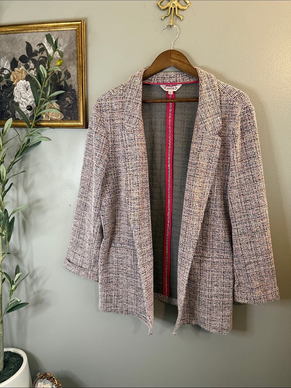 Nanette Lepore XL Boucle Tweed Blazer Jacket Pink Black Open Front Career Chic - Picture 3 of 8